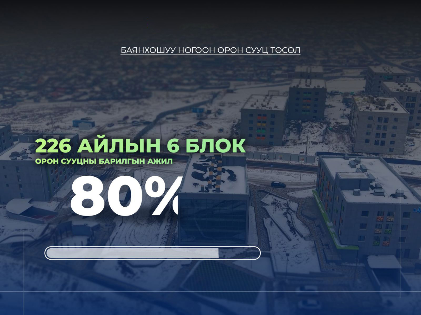 Баянхошуунд барьж буй 226 айлын орон сууцны барилга угсралтын явц 80 орчим хувьтай байна
